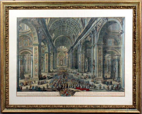 Da Giuseppe Vasi, L&#39;interno della Basilica Vaticana, incisione del XX sec, cm. 111x85, entro cornice.