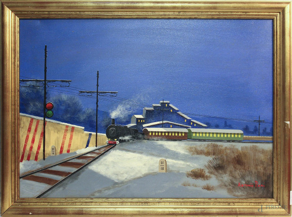 Paese con treno, olio su tela 50x70 cm, firmato A.Pani, entro cornice.