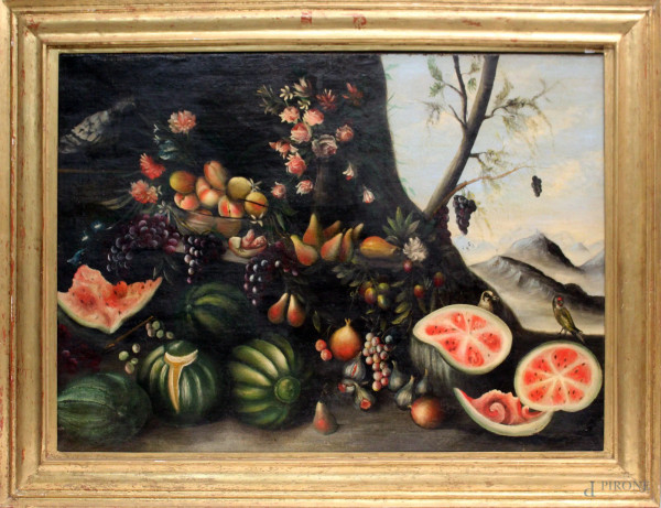 Natura morta, sullo sfondo paesaggio, olio su tela, inizi XX sec., cm. 70x99, entro cornice.