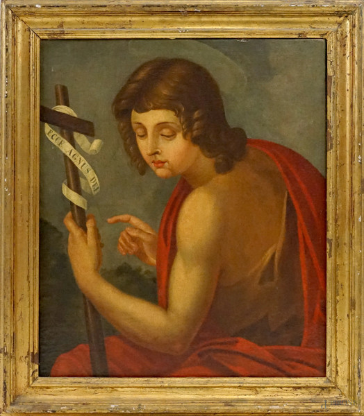 Pittore del XVIII secolo, San Giovanni Battista, olio su tela, cm 72,5x59, entro cornice, (difetti)