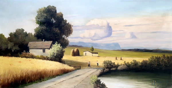 Artista del Novecento, Veduta campestre, grande dipinto ad olio su tela, cm 50x100, firmato