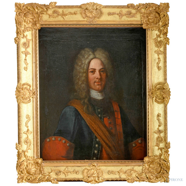Pittore francese della fine del XVII - inizi del XVIII secolo, Ritratto di nobiluomo, olio su tela, cm 90x72 entro cornice, (difetti)