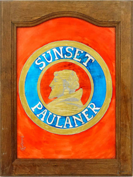 Sunset Paulaner, pannello pubblicitario a colori, cm 46x36, entro cornice.