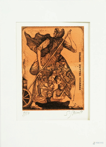 Stoimen Stoilov - Exlibris Mutter Courage, multiplo su carta, es. 9/50, firmato e datato a matita in basso a destra S. Stoilov [19]98, cm 24,8x20