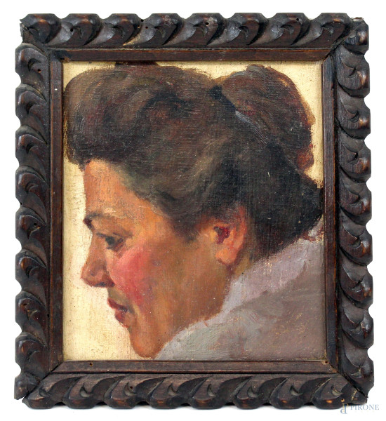 Pittore toscano del XIX secolo, Ritratto di donna, olio su tela, cm 19,5x17, entro cornice.