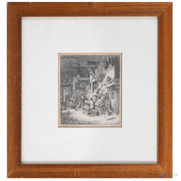 David Deuchard, (1743 - 1808) acquaforte da Adriaen van Ostade, acquaforte, cm 37,5x35 compreso passepartout, entro cornice, (lievi omndulazioni della carta e foxing)