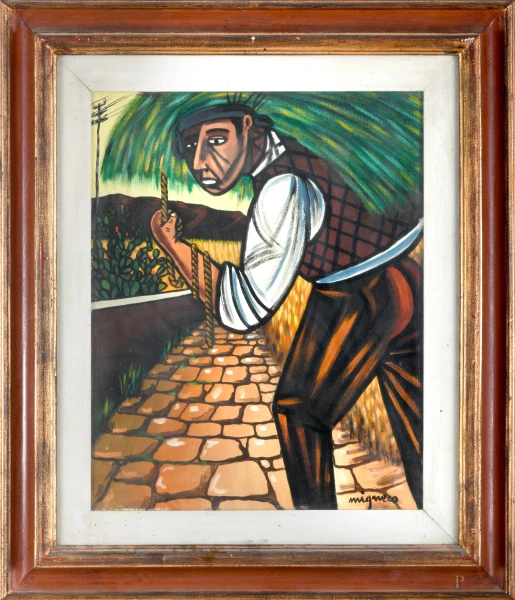 Giuseppe Migneco (Messina, 9 febbraio 1903 – Milano, 28 febbraio 1997), Figura d'uomo, olio su tela, cm 50x41, firmato in basso a destra, sul retro firmato dall'artista per autentica, entro cornice