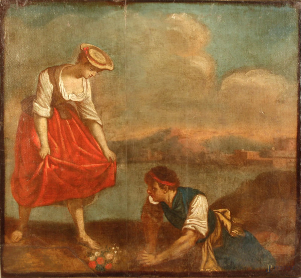 Scuola italiana del XVIII secolo, Scena di corteggiamento, olio su carta applicata su tela, cm. 42x44.