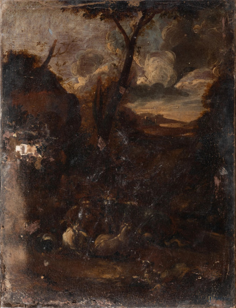 Paesaggio con armenti, XIX secolo, olio si tela, cm 63x48, (segni di usura, rotture, difetti, lacerazioni, tracce di umidità)