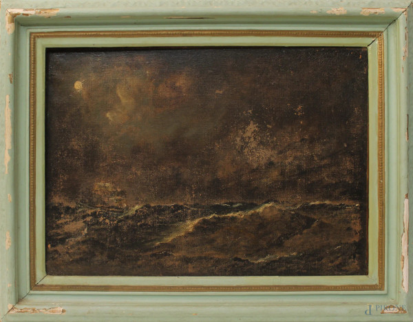 Marina notturna, olio su tela, cm 43x60, XIX sec., entro cornice, (cadute di colore).