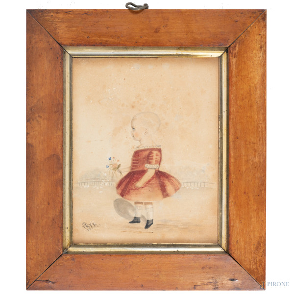 Bambina con fiori, XIX secolo, tecnica mista su carta, cm 18x14, siglato e  datato 