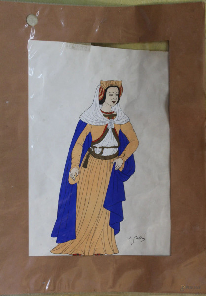 Donna in costume, acquerello su carta, 30 x18 cm. Firmato