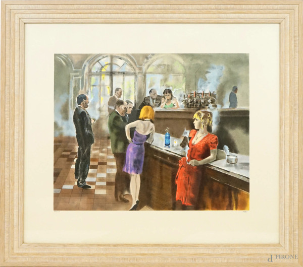 Alberto Sughi - Gran Caffè, serigrafia a colori, cm 70x81, es. XXV/LX, entro cornice.