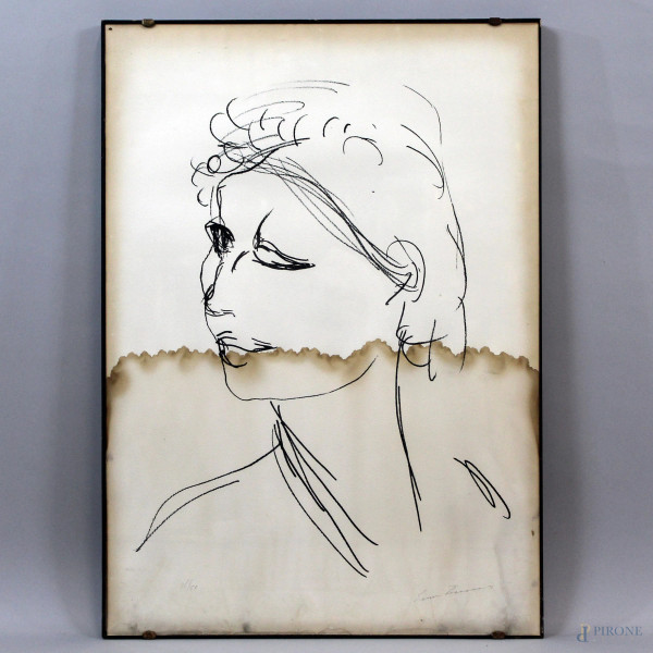 Ritratto di donna, multiplo su carta, cm. 69x49, firmato, entro cornice.