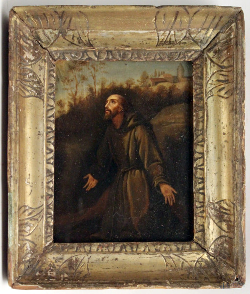 San Francesco, scuola dell&#39;Italia centrale del XVII sec., olio su rame, cm. 15x12, entro cornice.