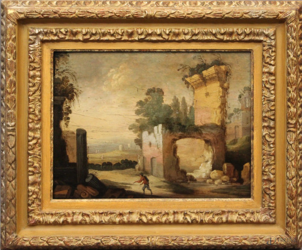 Paesaggio con rovine romane, Scuola olandese del  XVIII sec., olio su tavola, cm 27,3 x 36,5.