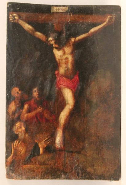 Pittore del XVIII sec, Cristo in croce con Santi, olio su tavola, 28,5x43,5 cm.
