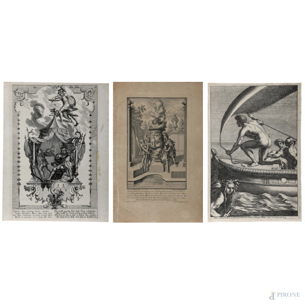 Lotto di tre incisioni a soggetto mitologico, XVIII-XIX secolo, misure massime cm 37,5x24, (segni di usura, tracce di umidità, gore, foxing, lacerazioni della carta, tracce di piegatura. Un'incisione applicata al margine a un cartoncino)