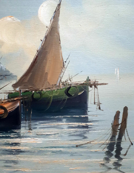 Scorcio marino con barche di pescatori, fine anni 60, olio su tela, cm 50x70, firmato