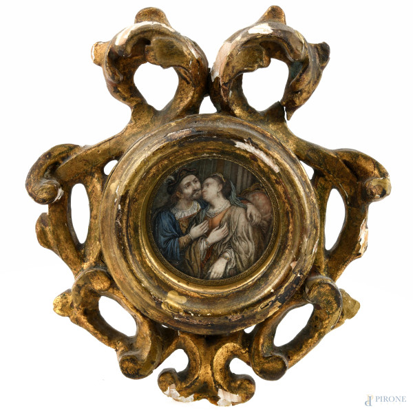 Miniatura raffigurante due amanti, XIX secolo, entro cornice in legno dorato, misure complessive cm 17x15, (segni di usura)