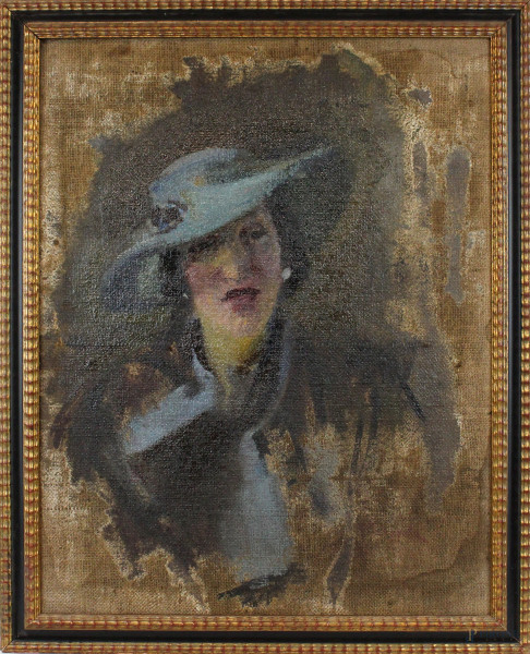 Ritratto di signora con cappello, olio su tela, cm 70x56, firmato, entro cornice.