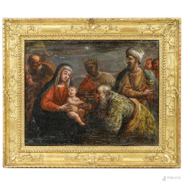 Scuola italiana del XVII-XVIII secolo, Adorazione dei Magi, olio su tela, cm 31,5x43, entro cornice