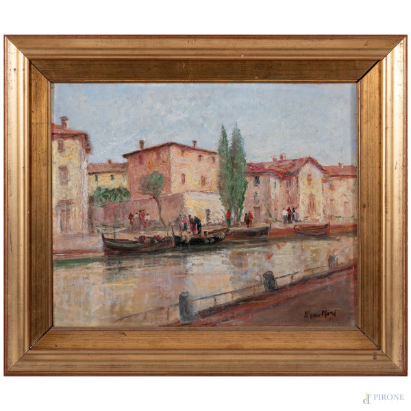 Lungo il fiume, XX secolo, olio su compensato, cm 40x49, firmato in basso a destra, entro cornice (segni di usura, abrasioni, fessurazioni)