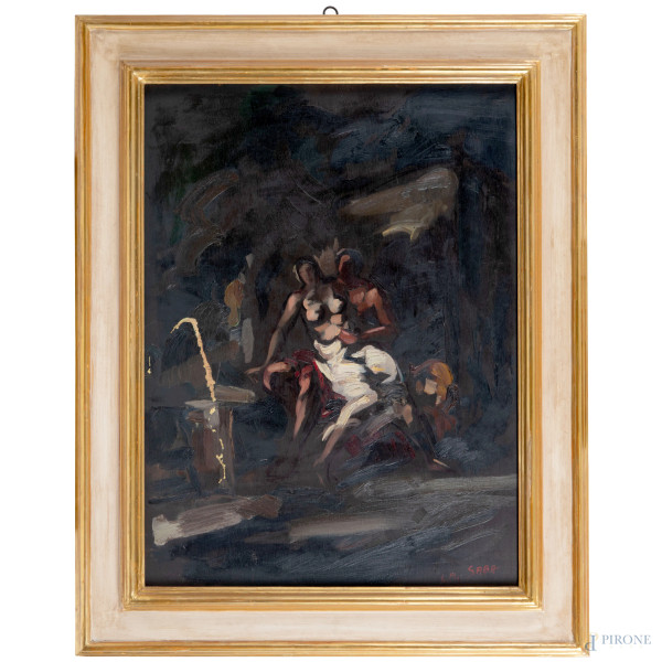 Marcello Coccon Saba, Gli amanti, XIX-XX secolo, olio su compensato, cm 71x54, firmato in basso a destra, entro cornice, (difetti)