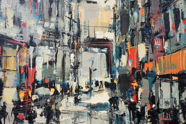 Pluie et néon, olio su tela, cm 41x31, firmato in basso a destra. Retro: titolato, firmato e data...