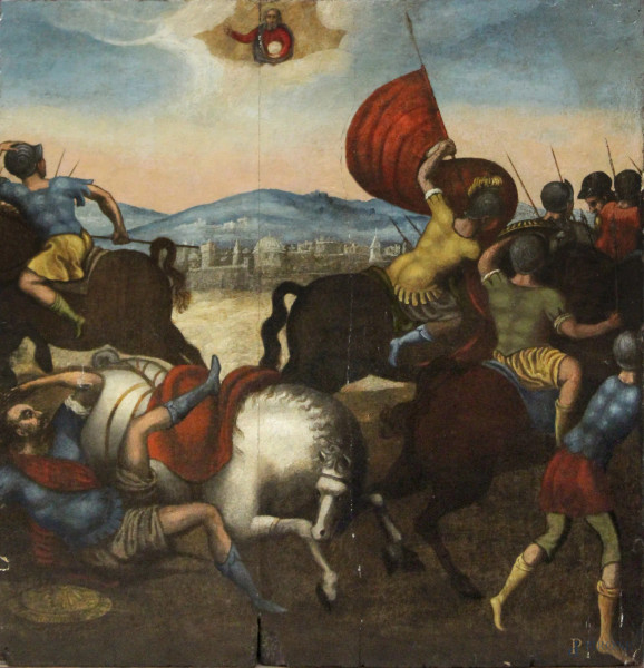 Pittore del XVI secolo, Frammento di scena di battaglia, olio su tavola, cm 85 x 80.