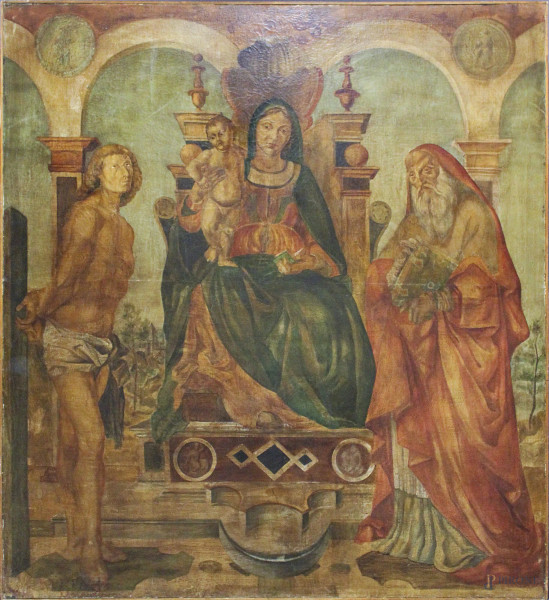Madonna con Bambino e Santi, antico dipinto ad olio su tela, 220x200 cm.