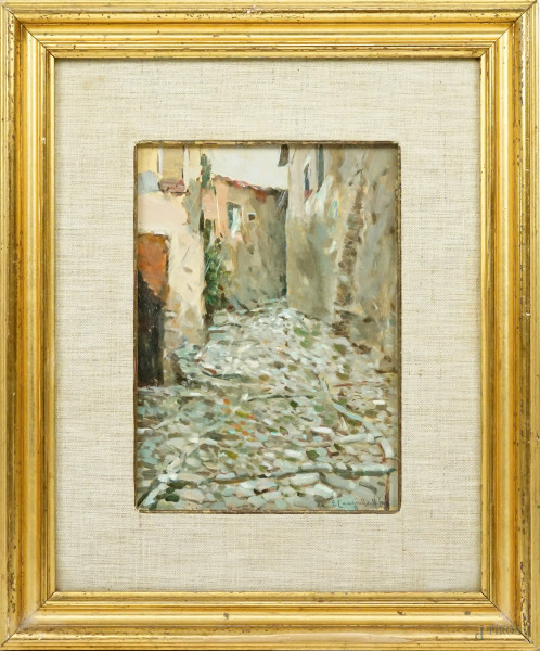 Francesco Cangiullo (1884-1977), Scorcio di Monteloene, olio su legno, cm 24x17, entro cornice.