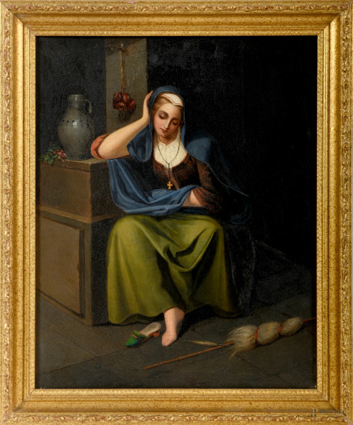 Pensieri, XIX secolo, olio su tela, cm 40,5x32,5, entro cornice, (difettI)