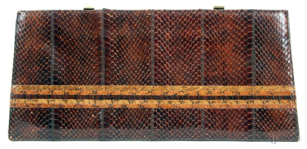 Borsa vintage in pelle di serpente con specchietto all'interno, cm 37,5x18x2, (difetti, mancante di tracolla).