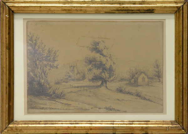 Maestro del XIX secolo, Paesaggio campestre, grafite su carta, cm 26x17, con cornice, provenienza collezione romana.