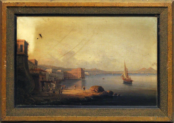 Golfo di Napoli visto da Pozzuoli, olio su tela 72x57 cm, entro cornice, scuola di Posillipo metà XIX sec.