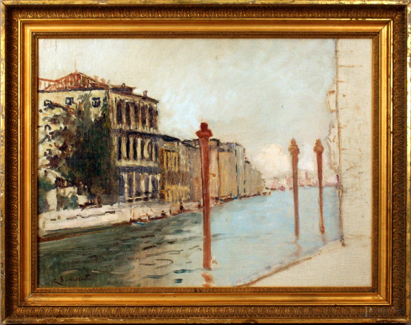 Scorcio di Venezia, olio su cartone telato, cm. 34x45, firmato entro cornice.