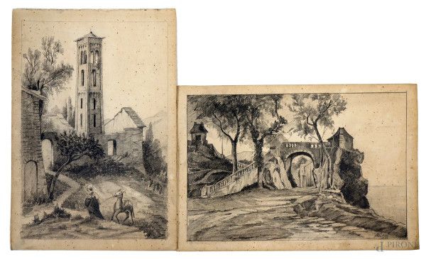 Ponticello e Campanile con acquaiola, due disegni a matita su carta, misure max cm 35,5x24,5, uno siglato in basso a destra,  (lievi difetti e macchie sulla carta).