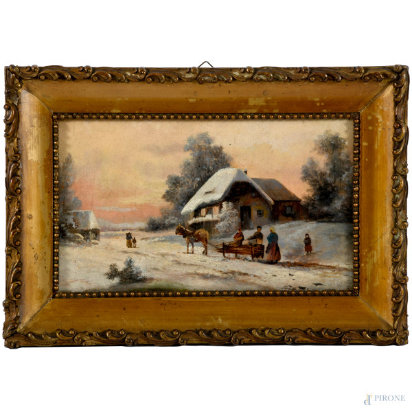 Paesaggio innevato con figure, olio su compensato, cm 18x30, entro cornice