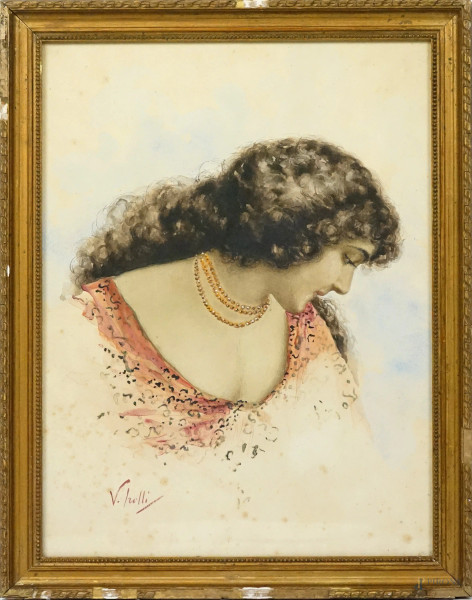 Ragazza con collana di perle, acquarello su carta, cm 39x29,5, firmato V. Irolli, entro cornice, (macchie sulla carta).