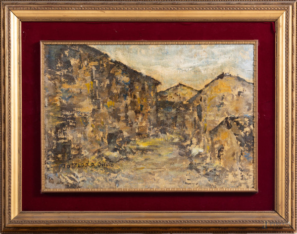 Strada di paese, XX secolo, olio su tela, cm 37x53, firmato in basso a sinistra, entro cornice, (segni di usura, abrasioni, cadute di colore, difetti)