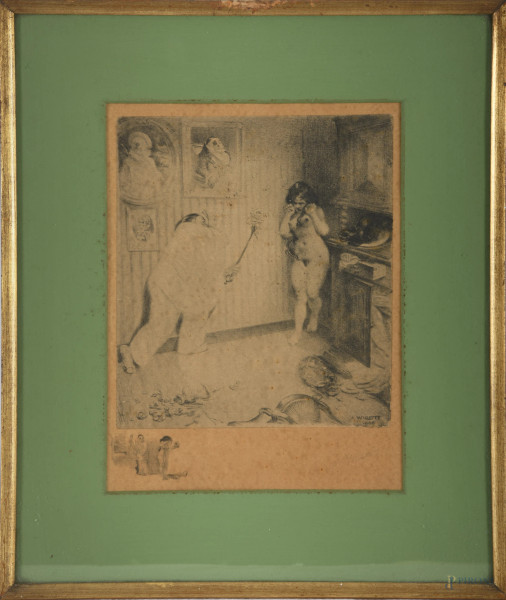 Lotto composto da 7 stampe erotiche di Adolphe Willette (1857-1926), primo XX secolo, cm 33,5x28 compreso passepartout, (difetti)