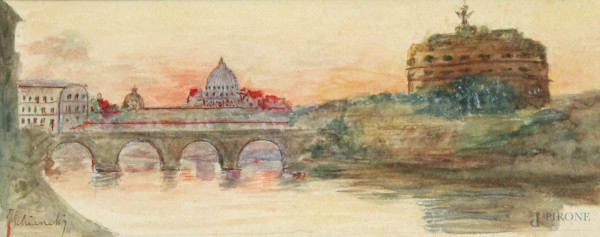 Ponte S.Angelo, acquarello su carta, cm 9x23, firmato.