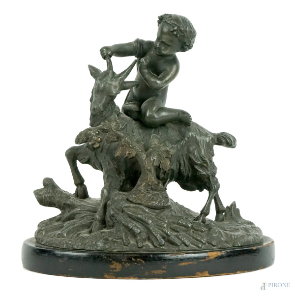 Giove con la capra Amaltea, scultura in antimonio, cm h 16,5, base in legno, XX secolo.