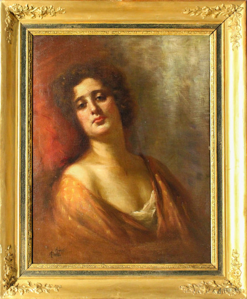 Ritratto di ragazza, dipinto ad olio su tela firmato, cm 72 x 56, entro cornice.