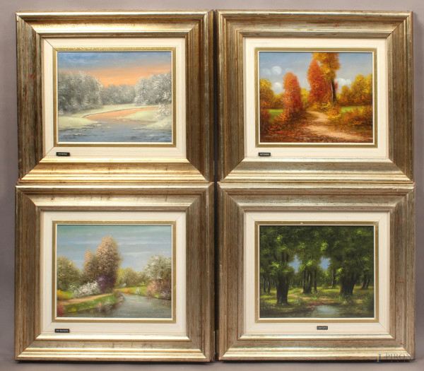 Nino  Parola - Le quattro stagioni, lotto di quattro dipinti ad olio su masonite, cm. 24x30, entro cornici.
