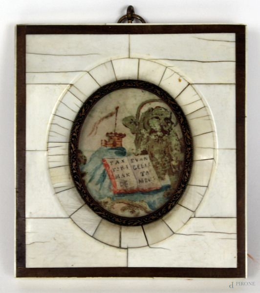 Miniatura raffigurante il Leone di San Marco con il libro del Vangelo, cm. 10,5x11,5, XIX secolo.