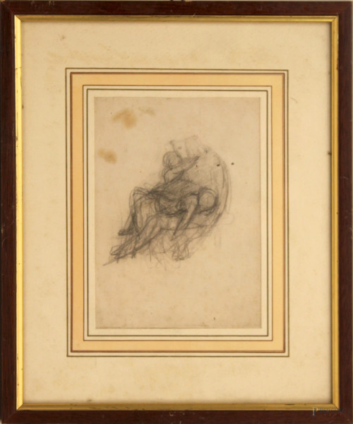 Madonna con Bambinello, bozzetto a matita su carta, cm 17x12, entro cornice.