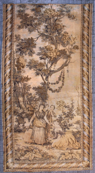 F.Coya, Paesaggio con scena familiare, arazzo, cm 285 x 145, difetti.