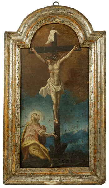 Pittore del XVII secolo, Crocifissione, olio su tela, cm 48x24, entro cornice, (lievi difetti).